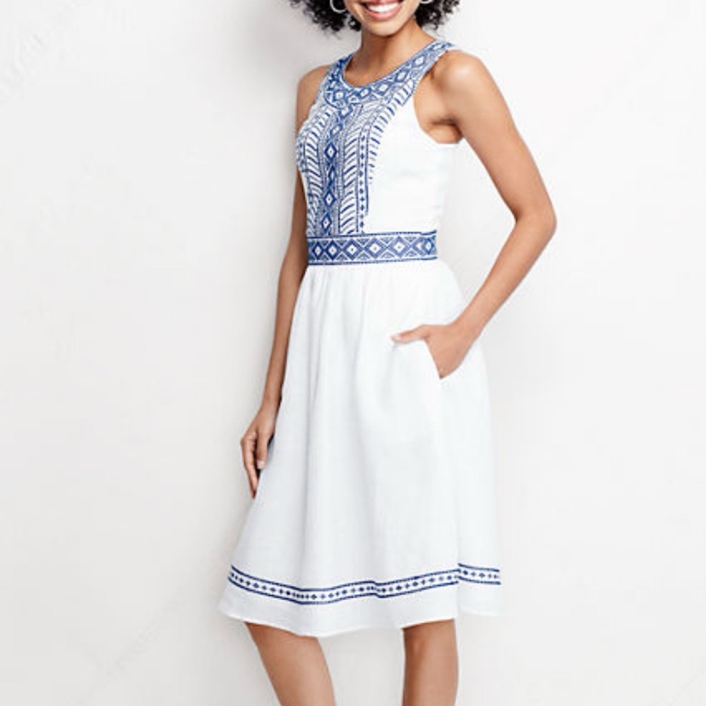 Lands' End Boho Prairie White and Blue Embroidered Midi Dress with pockets Sz 4P